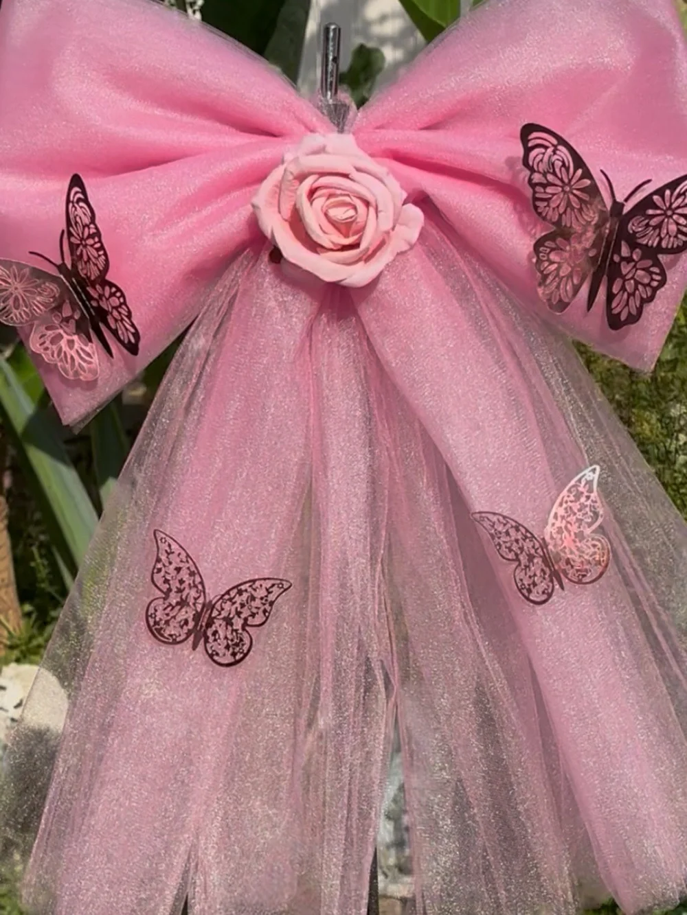 Pink Butterfly Tulle Bow Hair Clip with Rose Accent